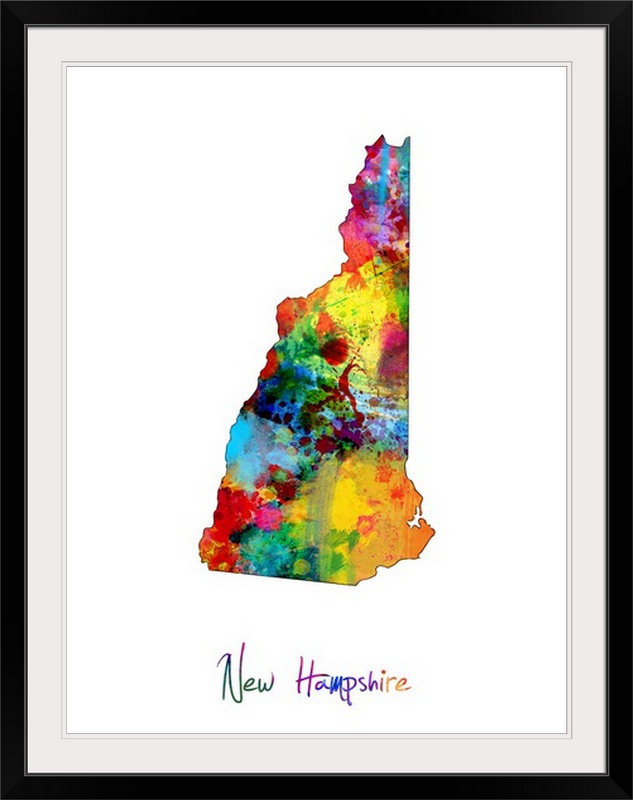 Francy «New Hampshire Map» par Abarca, impression, Cadre noir, H 32 po x l 26 po x P 1 po