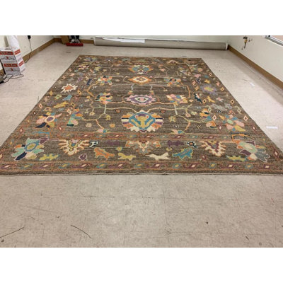 Tapis Oushak turc rétro fait à la main de conception unique 9 pi 11 po x 13 pi 6 po Anatolian