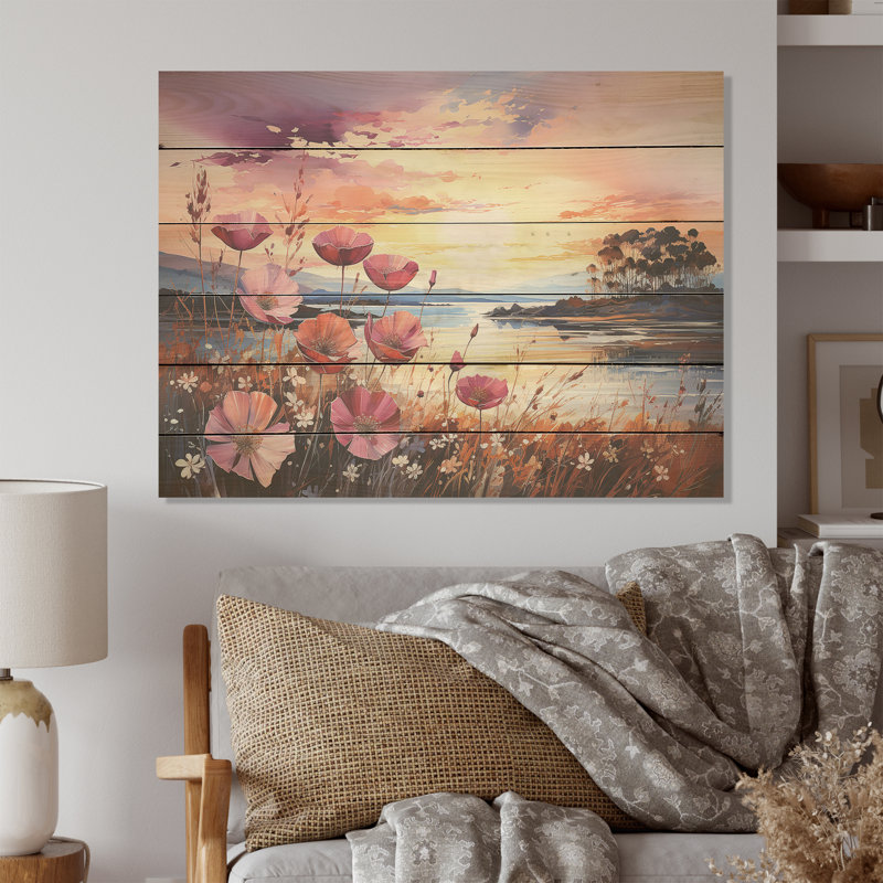 Wildflowers Sunset - Art mural en bois sur panneau de pin naturel Wildflowers, H 10 po x l 20 po