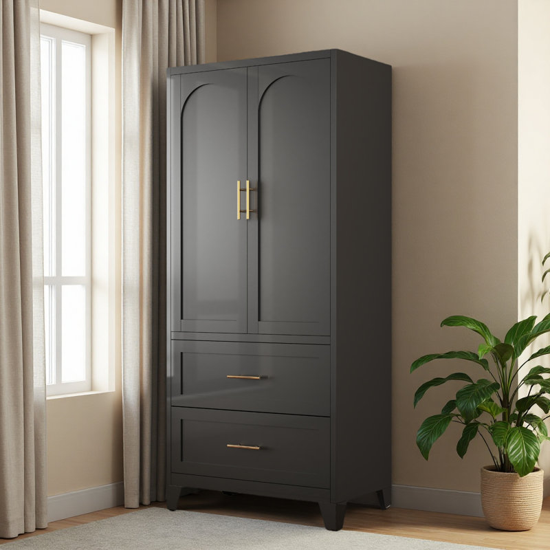 Armoire-penderie en métal 70,87 "avec 2 tiroirs et une tringle, 2 portes garde-robe avec tablette pour chambre à coucher