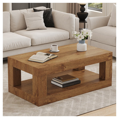 Modern 2-Tier Rectangular Coffee Table with Open Storage Shelf, Industrial Style Center Table for Living Room, Wood Finish MDF