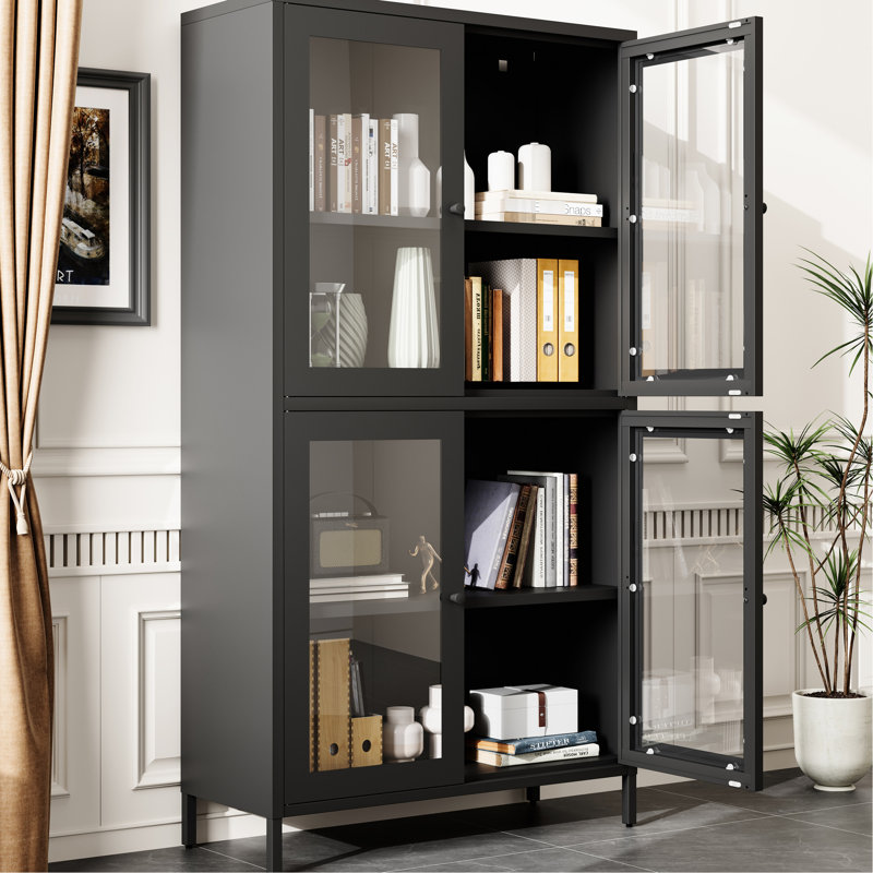 Armoire à 4 portes en verre pour le rangement des chaussures - noir avec portes et tablettes réglables