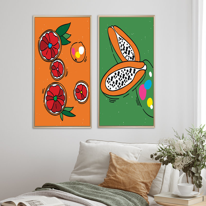 «Organic Vintage Hipster Fruits II», ensemble de 2 impressions, H 40 po x l 40 po x P 1,5 po, Toile avec cadre brun