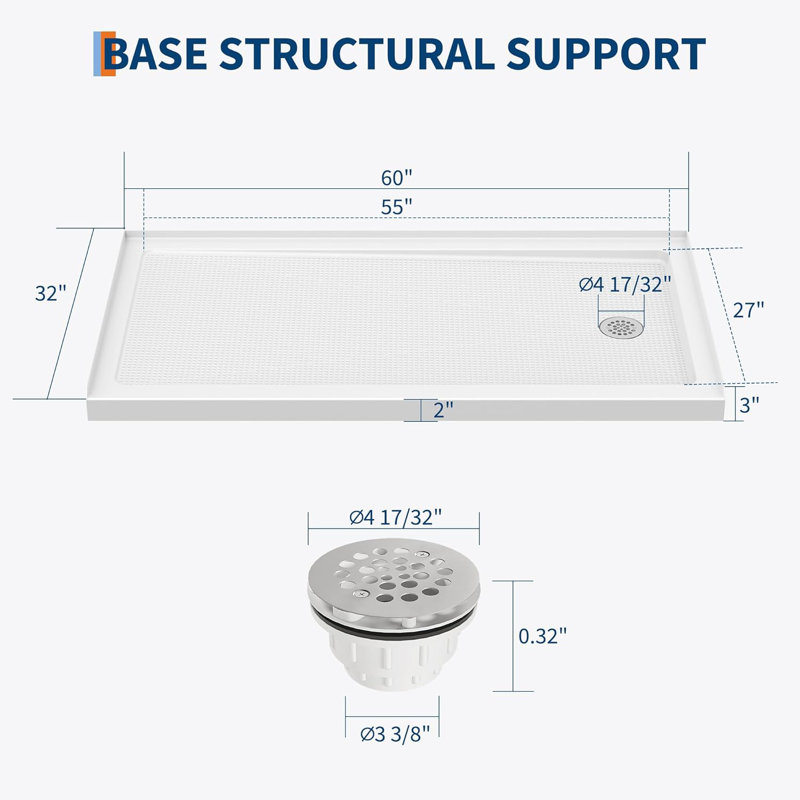 Bac de douche à drain - Base à seuil simple, surface texturée antidérapante, base de douche légère en ABS, ensemble de bonde facile à installer inclus