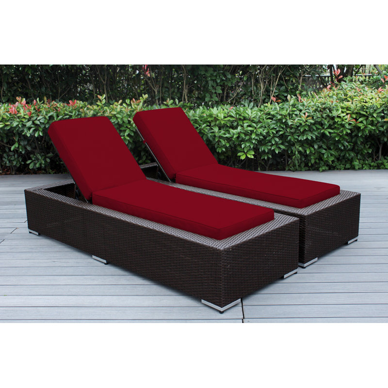 Billyjo Outdoor Wicker Chaise Lounge - No Assembly, Canvas Jockey Red Sunbrella® Canvas, Dark Brown