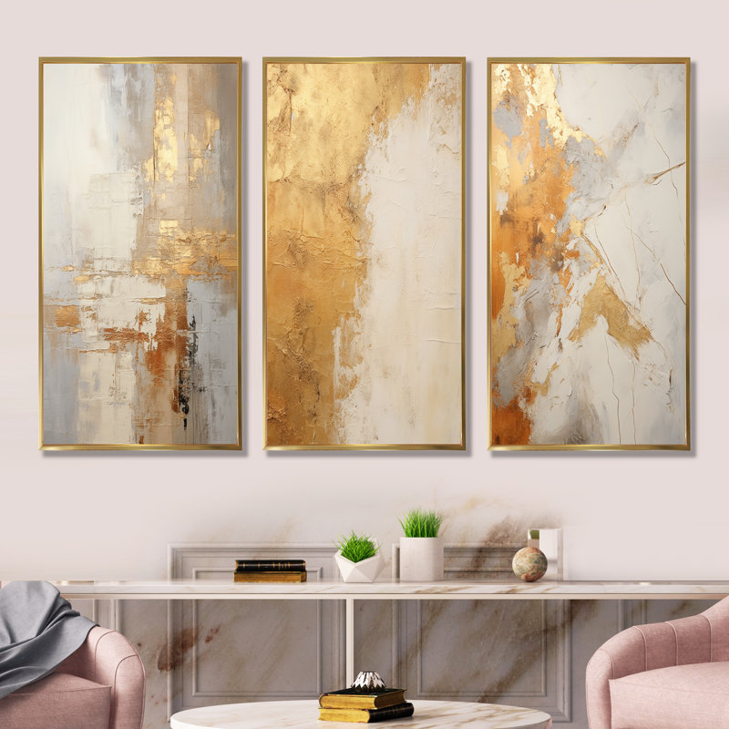 Gold And White Abstract Split - Abstract Shapes Wall Decor Set Of 3, Gold Floater Framed, 40" H x 60" W
