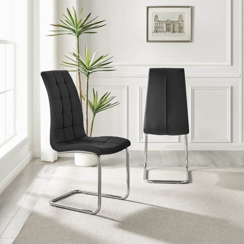 Marietta Chrome Metal and White High Gloss Dining Table Set - 6 Modern Faux Leather Dining Chairs, Black