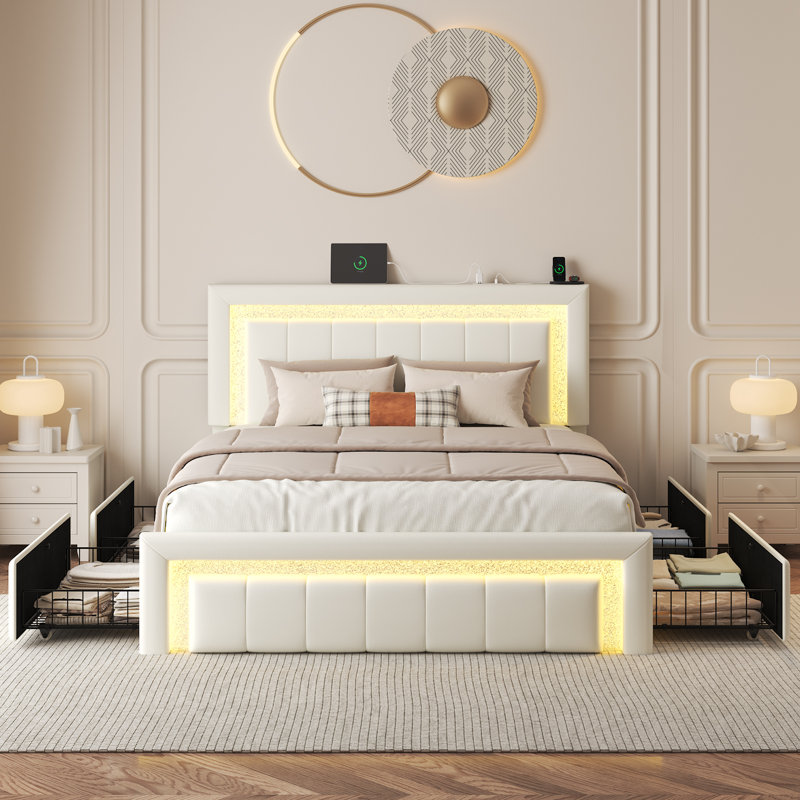 Full Upholstered Platform Bed with Vertical Block Design Headboard, 4 Sliding Storage Drawers，RGB LED Lights & Charging Station, Easy to Assemble, White