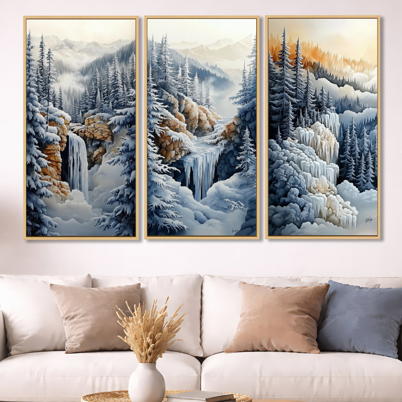 Winter Waterfall Forest Trail - Blue Waterfall, ensemble de 3 reproductions sur toile encadrées, H 32 po x l 48 po