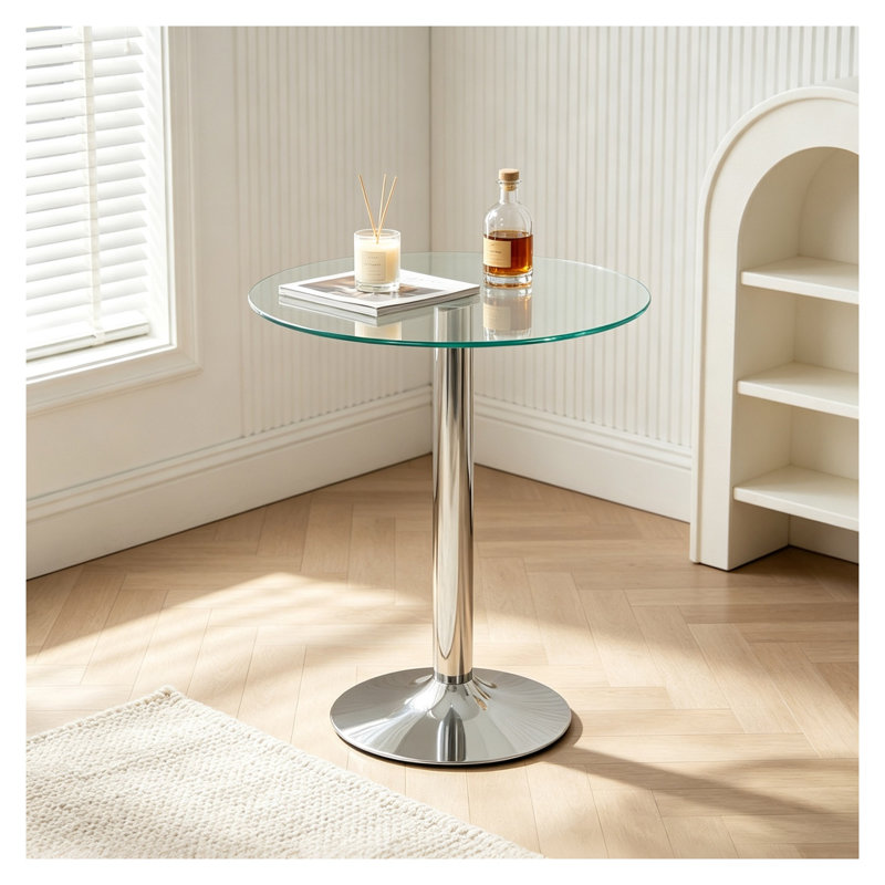 Table d'appoint ronde en verre trempé avec base piédestal en chrome, table de bout moderne 23,6 po pour le salon, la chambre à coucher ou le bureau