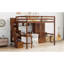 Lit mezzanine double en bois avec bureau, étagères à livres et garde-robe avec portes et tiroir, escalier intégré avec tablettes de rangement, lit mezzanine avec garde-corps de sécurité et lattes massives, noyer