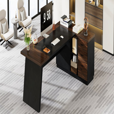 Bureau de direction en L 78,7 po avec classeur et tiroirs, grand poste de travail d'ordinateur moderne avec tablettes de rangement, noyer foncé et noir