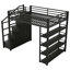 Lit mezzanine double en métal avec tablettes de rangement, armoires et garde-robe