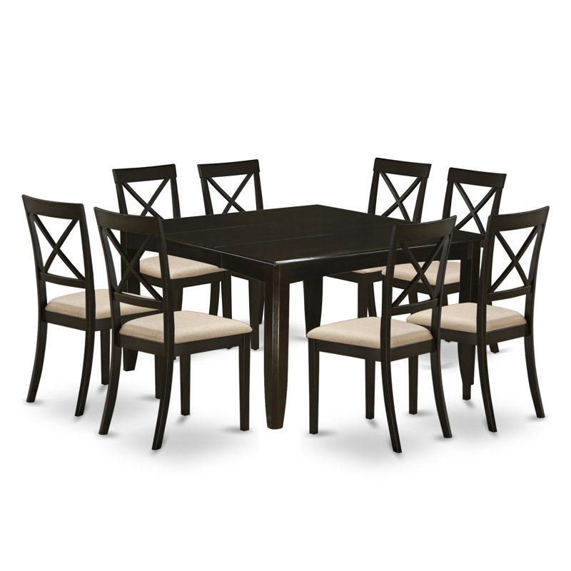 Ensemble de table de salle à manger 9 pièces comprenant une table carrée en bois avec rallonge papillon et 8 chaises de salle à manger en lin, cappuccino de 54 po x 54 po