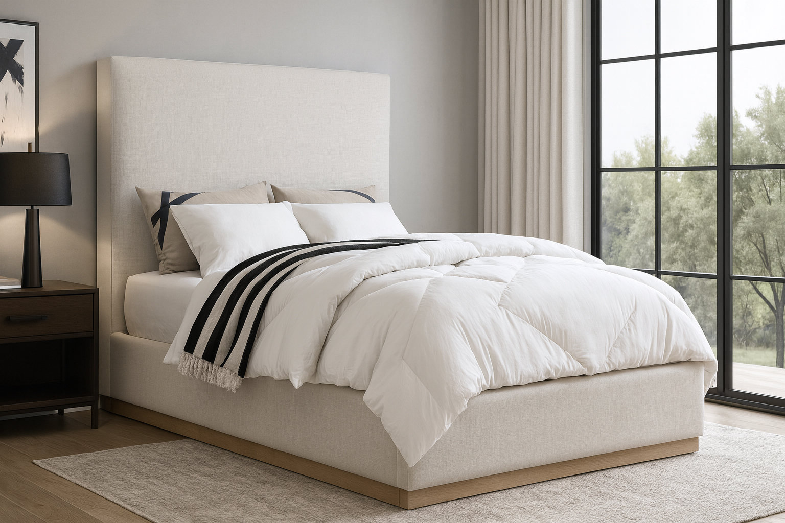 Citori Linen Upholstered Bed, Cream Linen Textured Fabric, Full / Double