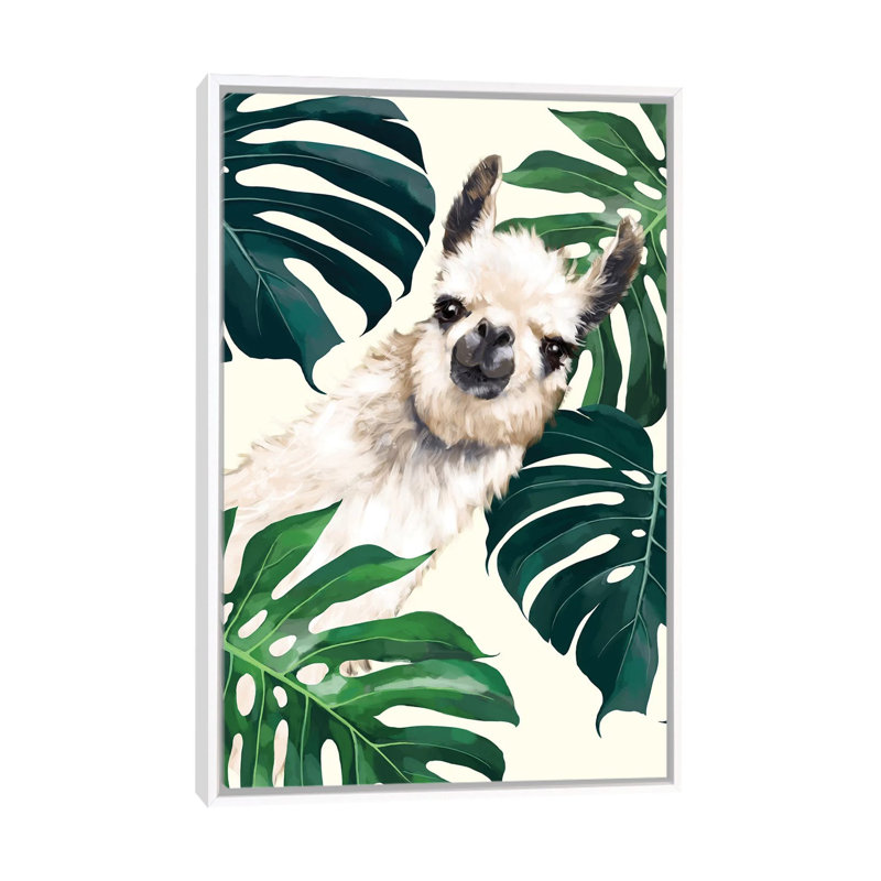 Lama sournois avec art Monstera, H 26 po x l 18 po x P 1,5 po, Toile blanche encadrée