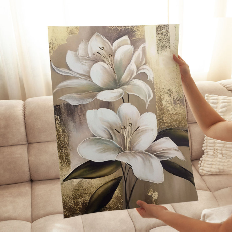 Impression florale blanche de magnolias blancs sur fond doré, H 20 po x l 16 po