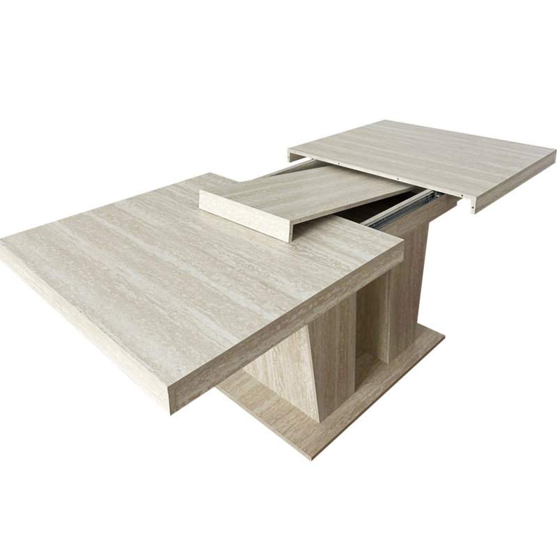 Table de salle à manger rectangulaire extensible, convenant pour 6 à 10 personnes, avec un motif de travertin veiné, dimensions 160 à 200 cm, simple et élégante.