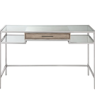 Bureau contemporain avec surface en verre trempé et finition en métal argenté, ce qui rehausse l'attrait du bureau personnel
