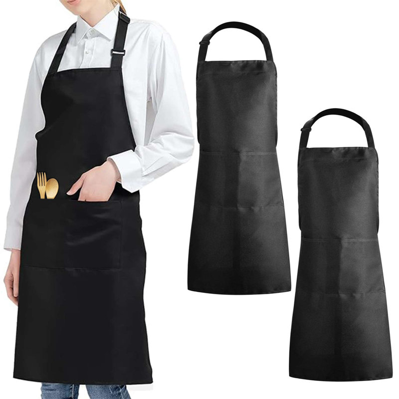 2 Pack Kitchen Aprons with 2 Pockets Adjustable Cooking Bib Aprons for Chef - Black