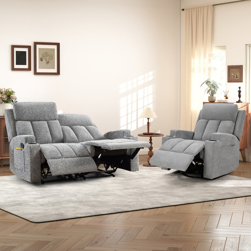 Ensemble de salon 2 pièces inclinable manuel moderne avec fauteuil inclinable de massage et causeuse, Gris clair