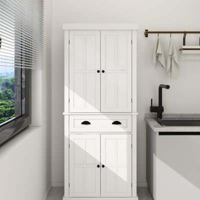 71" Kitchen Pantry Cupboard With 4 Doors, Drawer, 2 Adjustable Shelves - White. Freestanding For Dining, Living, Laundry. Seductive Design In White, Shelves. Graceful