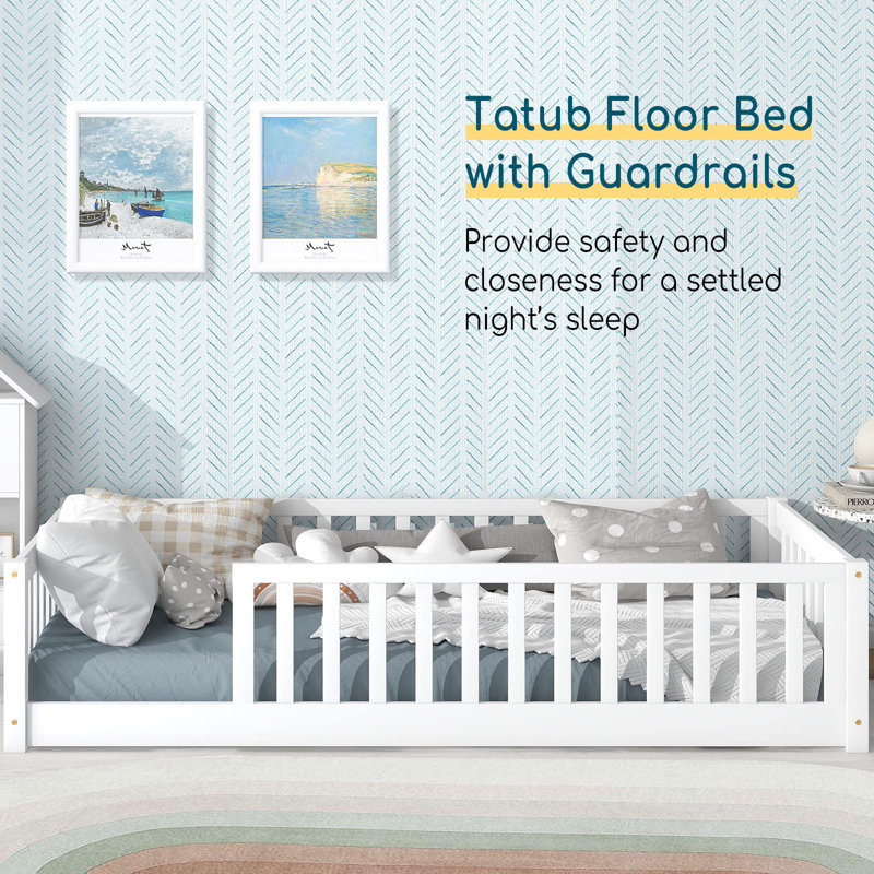 Twin Size Floor Bed For Kids With Safety Guardrails And Door And Slats,Without Door, White
