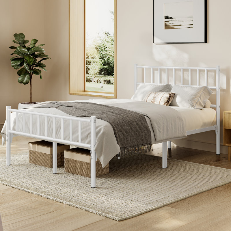 Minimalist Metal Bed Frame with Slatted Headboard, Double (4'6), White
