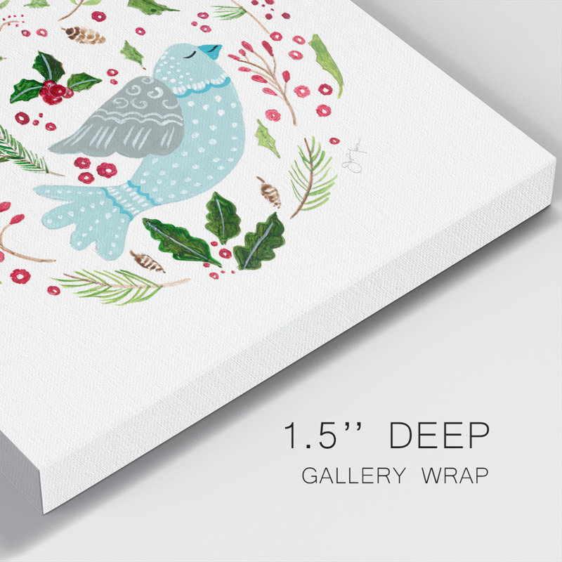 Christmas Folk Bird - Toile tendue avec châssis de qualité supérieure - prête à être accrochée