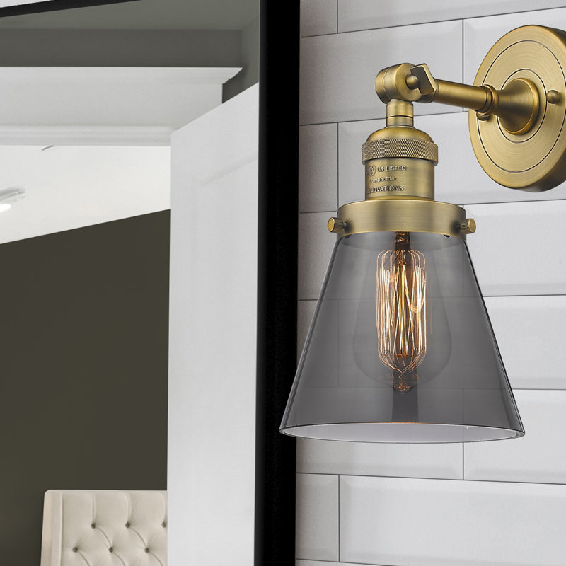 Cone 1 Light Sconce, 6 Watt Vinage LED Bulb, Smoked, Brushed Brass