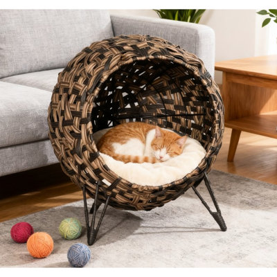 Woven Banana Leaf Kitten House With Soft Cushion, Elevated Cat Bed For Air Circulation, Brown And Metal Tripod Indoor Pets