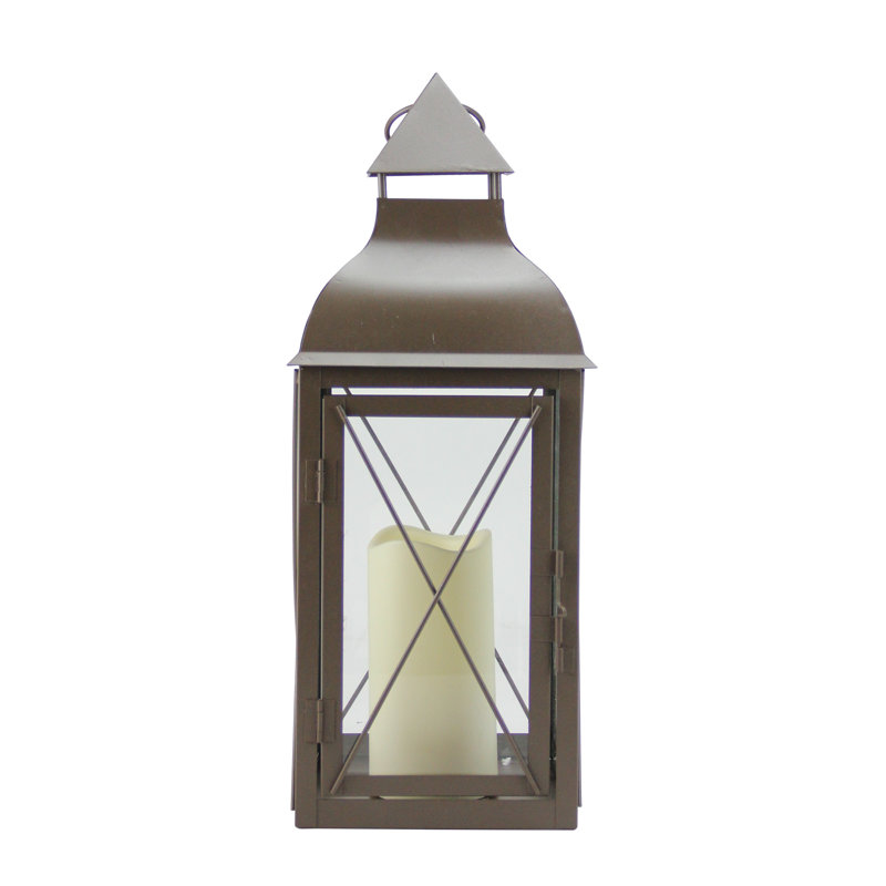 Lanterne brune métallique style campagnard 16,75 po avec bougie DEL sans flamme