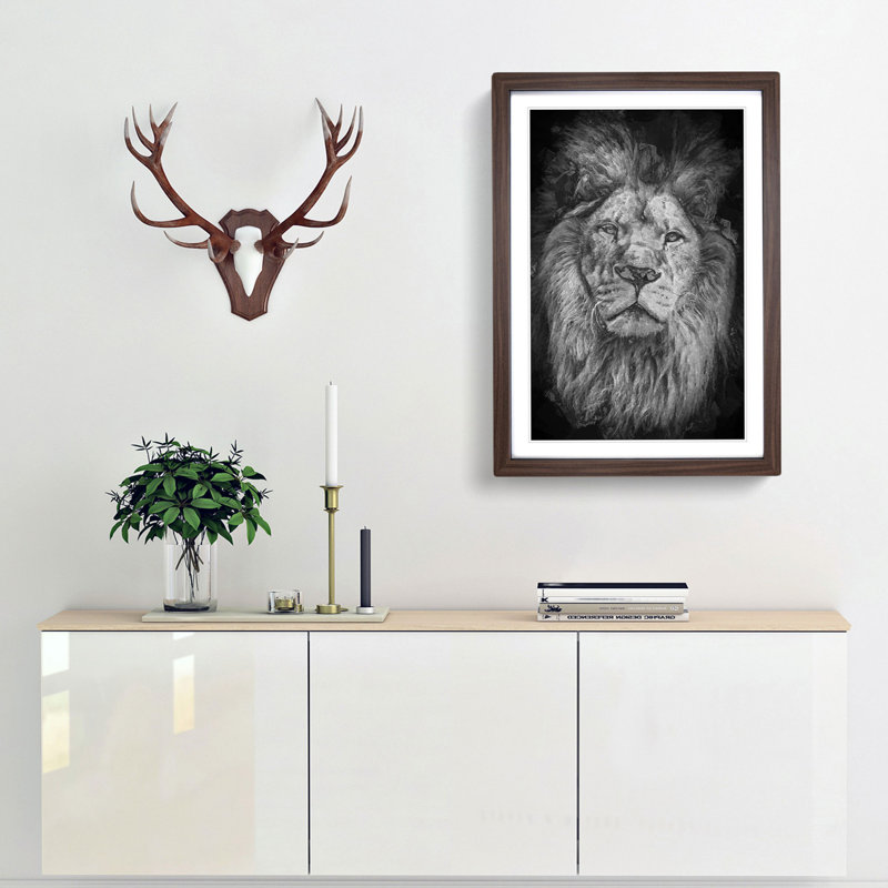 The Proud Lion in Abstract - Picture Frame Graphic Art Print, 48cm H x 36cm W x 2cm D, Walnut Framed