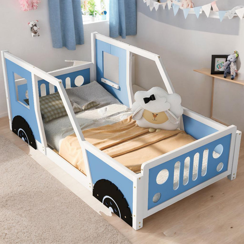 Lit plateforme classique en forme de voiture avec personnalisation immersive et sommeil sécuritaire pour les enfants, Bleu