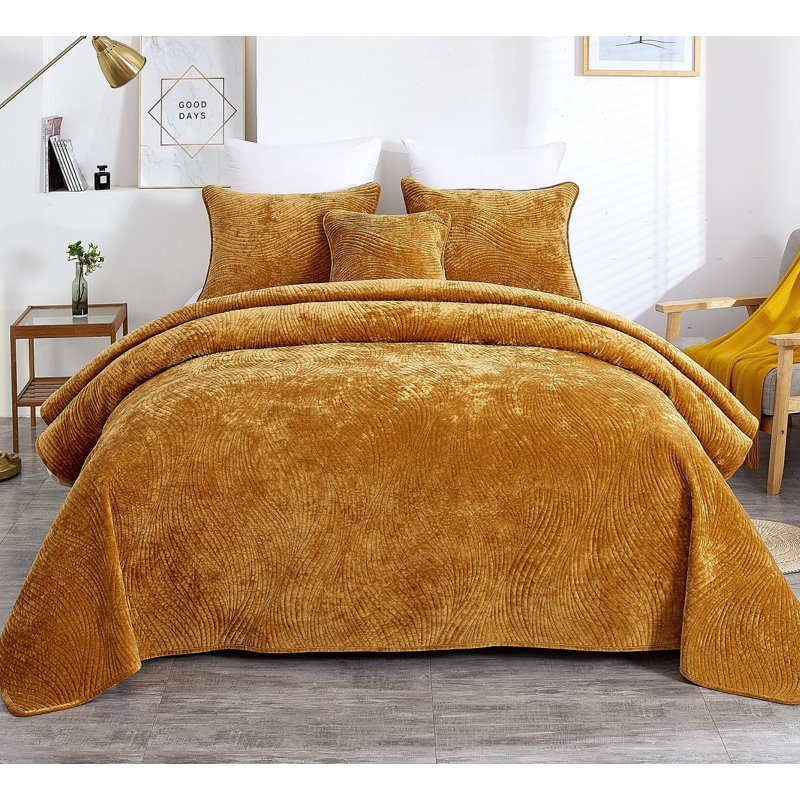 Velvet Geometric Shapes Coverlet, Queen Bedspread + 2 Queen Shams