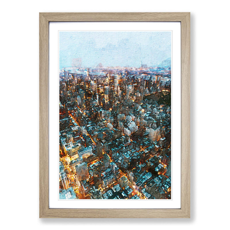 Above New York City In Abstract - Single Picture Frame Painting, Oak Framed, 33cm H x 24cm W x 2cm D