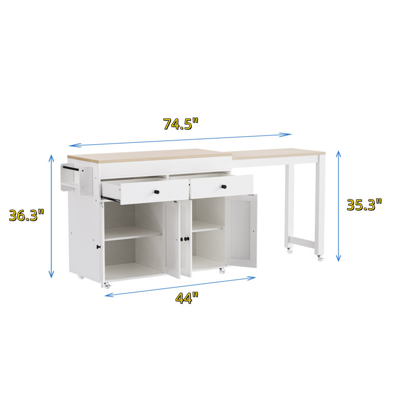 74.5-inch Kitchen Island With Extendable Dining Table, White