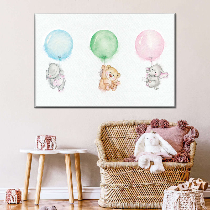 Bébés animaux tenant des ballons sur toile, H 26 po x l 39 po x P 1,25 po