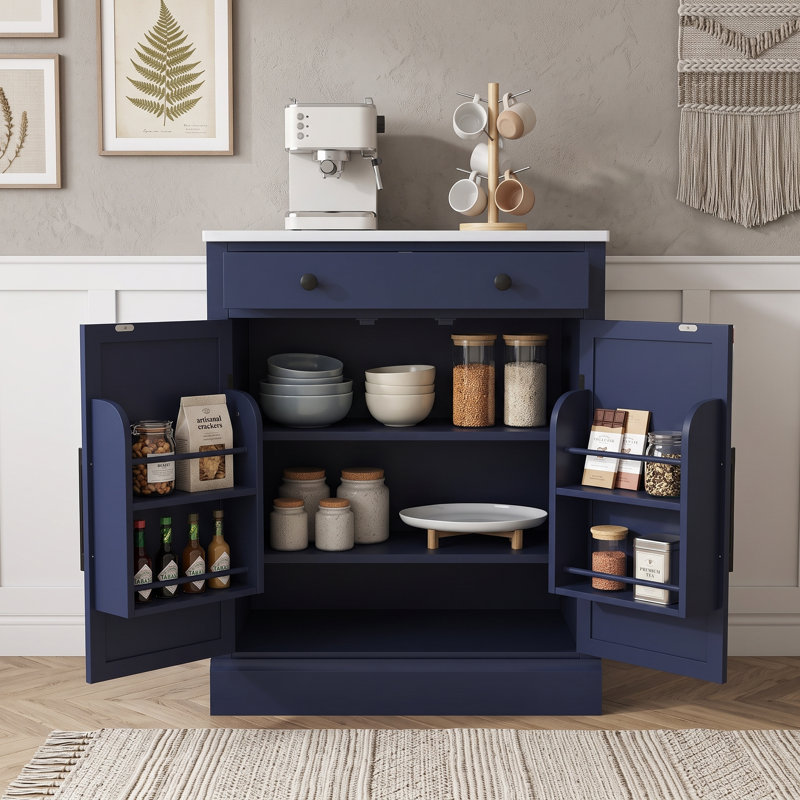 Buffet autoportant moderne en bois avec plateau en faux marbre, tablettes réglables et tiroir, Bleu / Noir