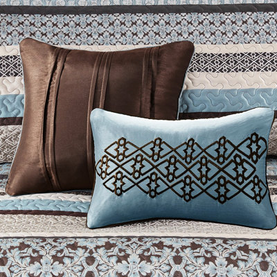 Couvre-lit grand bleu - 5 pièces feuille et médaillon 100% 2 coussins décoratifs avec broderie Conception géométrique facile à nettoyer