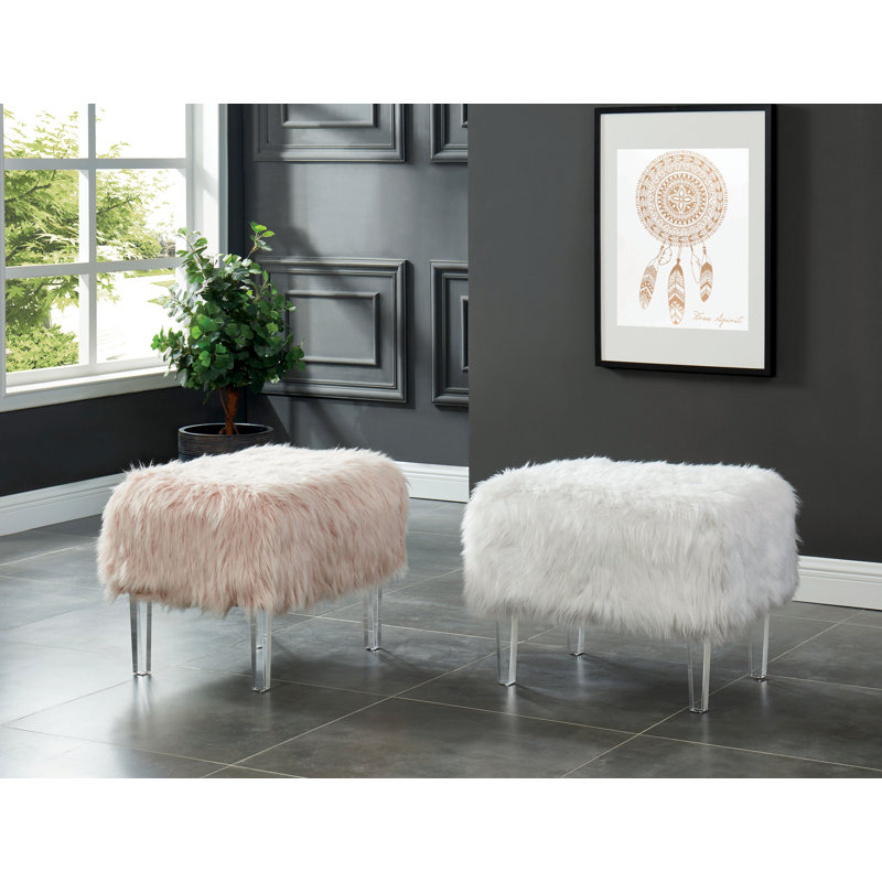 Natalia Upholstered Ottoman, Pink Faux Fur