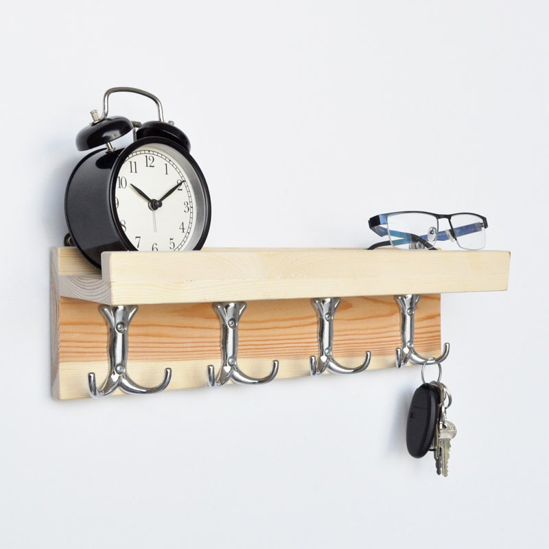 Tablette d'appoint en bois massif avec crochets Shaniya