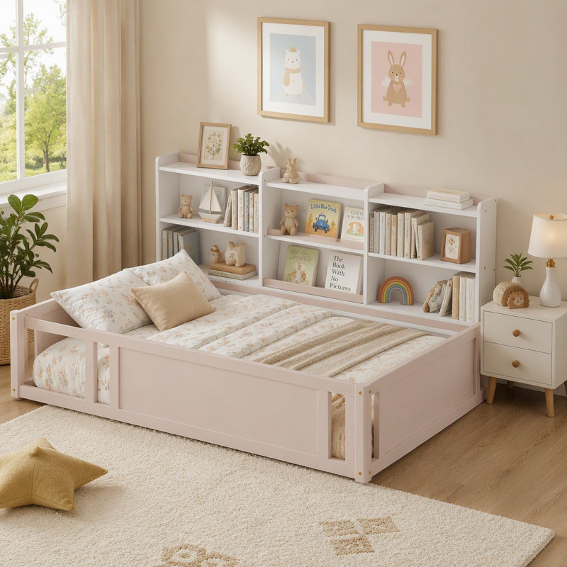 Lit plateforme pleine grandeur en bois avec barrière de sécurité et tablettes de rangement pratiques, Double, Crème, blanc