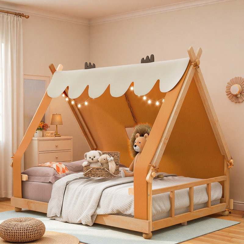 Lit maison avec tente et lumière, Lit double, Brun