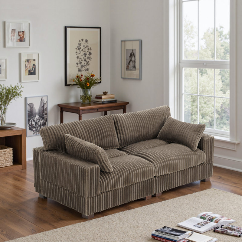 2 - Piece Upholstered Light Brown Faux Rabbit Fur Flannel Reversible Modular Sofa Living Room Sectional Couch, Light Brown