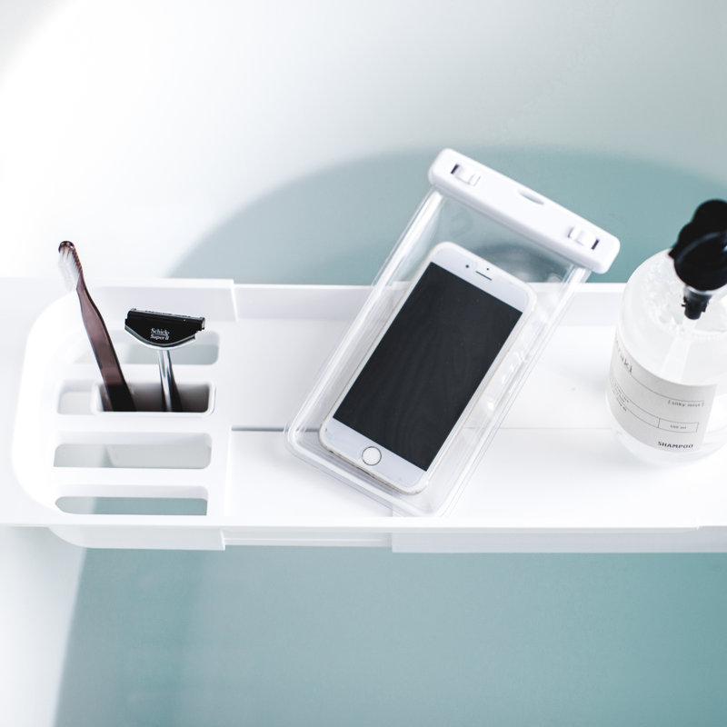 White Expandable Metal Bathtub Caddy with Storage