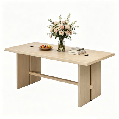 67" Modern Solid Wood Veneer Dining Table, 4-6 Person Kitchen Table With Black Bow Decoration, Sturdy Wooden Dinner Table For Dining Room,Kitchen