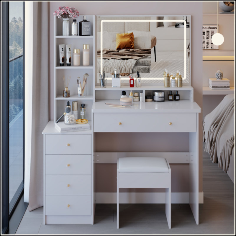 41" Large Size Left Bedside Cabinet Vanity Table+Cushioned Stool, Extra Large Touch Control LED Mirror, 3-Color Switch, Multi Layer High Capacity Storage Fashionable Dresser, Suitable For Large Space