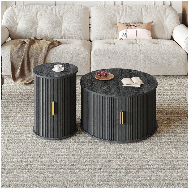 Ensemble de tables basses rondes cannelées avec porte tambour et rangement, Noir