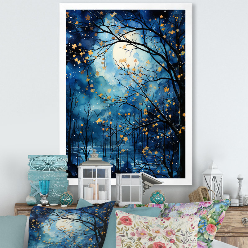 Décoration murale arbre au clair de lune III - paysage arbres, H 20 po x l 12 po x P 1 po, Cadre photo blanc